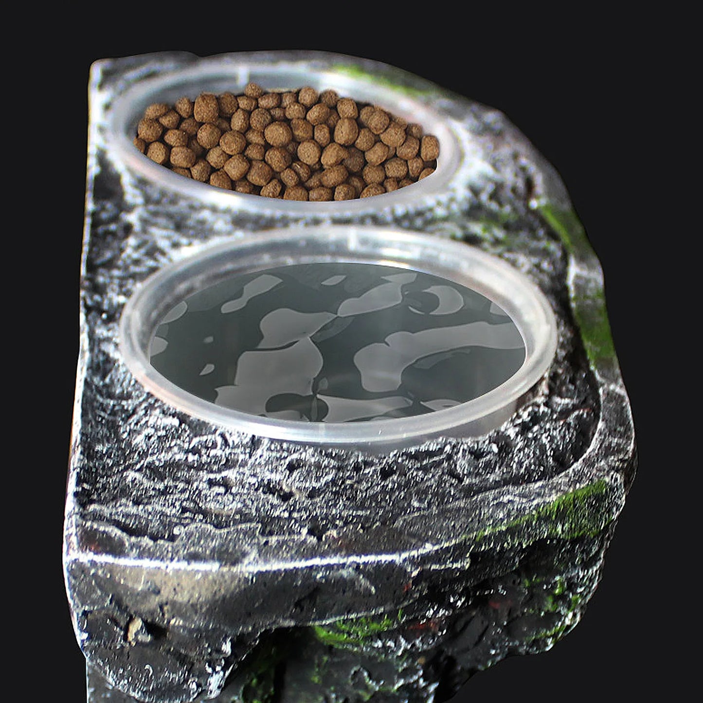 Plat d'alimentation pour reptiles en résine avec double bol, détachable, facile à nettoyer, ventouses, décor d’habitat pour dragon barbu