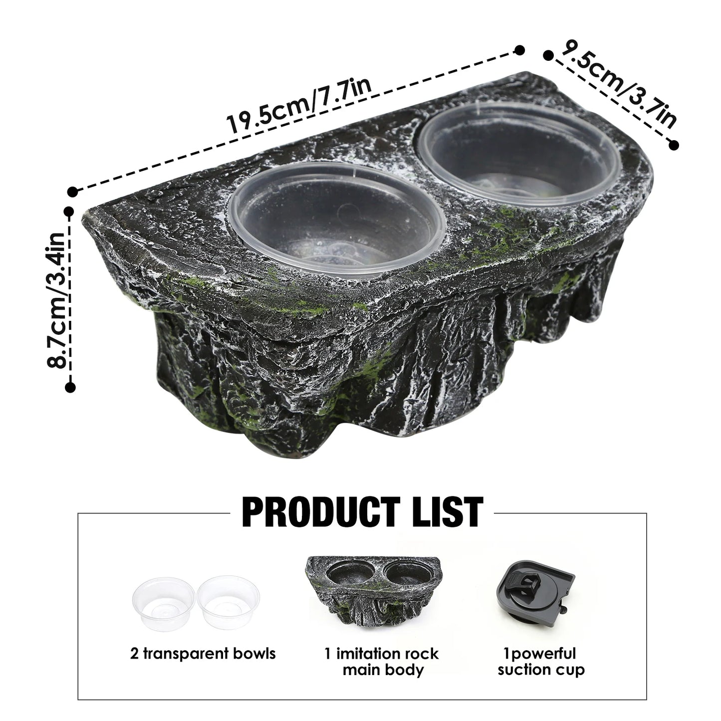 Plat d'alimentation pour reptiles en résine avec double bol, détachable, facile à nettoyer, ventouses, décor d’habitat pour dragon barbu